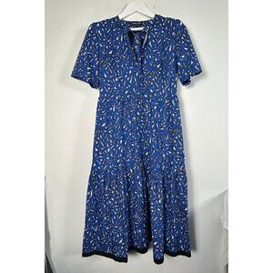Markus Lupfer Womens Blue Geometric Print Short Sleeve Tiered Midi Dress Size 8